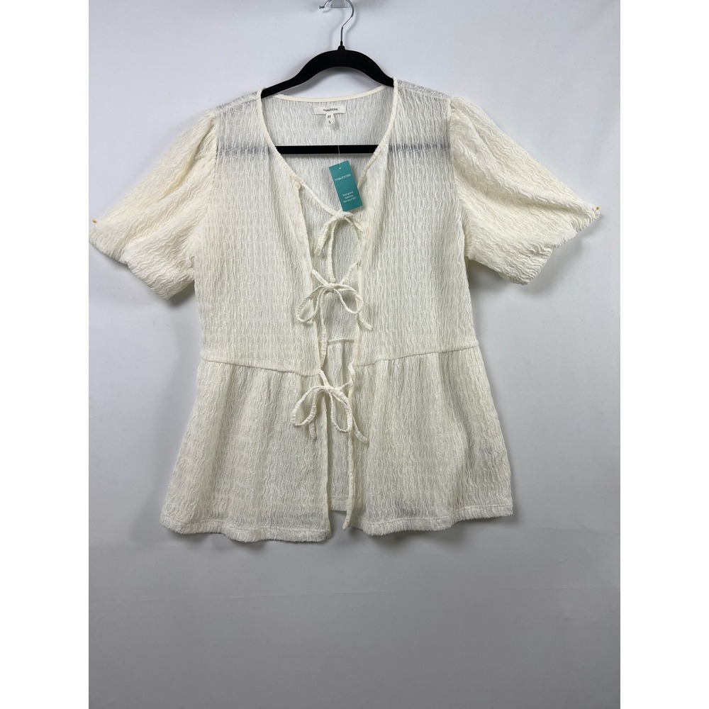 Maurices Tie Front Cardigan Womens S Off-White Textured Tiered Short Sleeve NEW